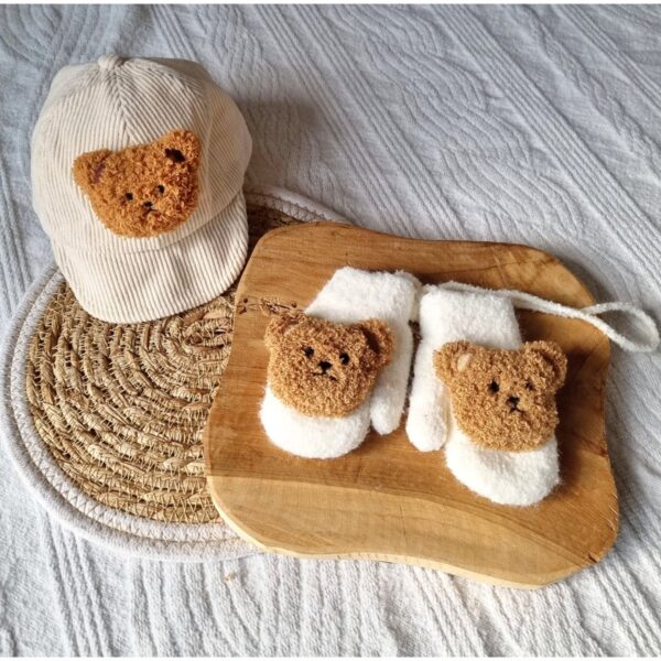 Baby Fäustlinge / Handschuhe mit Teddybär Beige – Bild 3